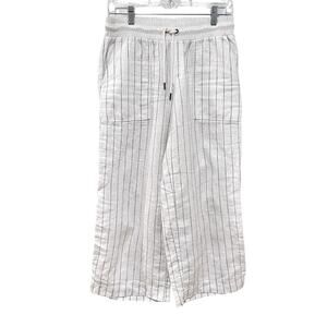Athleta Womens Pants 4 White Linen Wide Leg Cropped Striped Drawstring Waist
